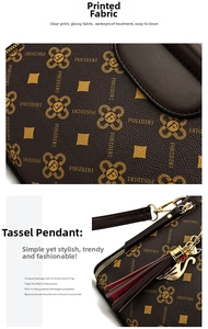Close-up of waterproof brown monogram fabric with golden swan tassel and metal hardware