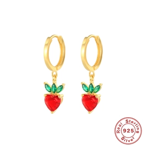 Detail of S925 sterling silver strawberry hoop earrings with red and green crystals
