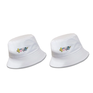White canvas bucket hats with colorful LOVE embroidery and cute pink bow detail for women