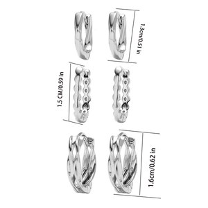 Detail showing height measurements for three pairs of silver hoops earrings