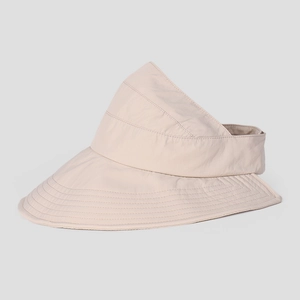 Close-up of wide-brim beige sun visor with reinforced stitching and quick-dry fabric