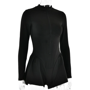 Detail of black long sleeve romper with front zipper and athletic slim fit style