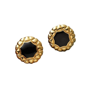 Vintage style gold flower earrings with black enamel center and wavy metal frame for women