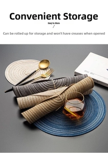 Close-up of rolled and flat woven placemats in navy, khaki and grey with cutlery detail