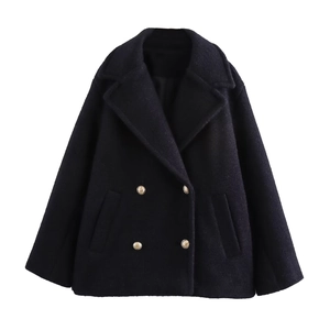 Detail of navy double-breasted wool coat with gold buttons and large lapel collar