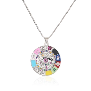 Bohemian silver evil eye pendant necklace with colorful enamel charms and box chain