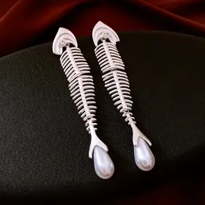 Fishbone Drop Earrings With Zircon And Imitation Artificial Pearl 925 Sterling Silver Earring Post Creative Fashion Jewelry For Women