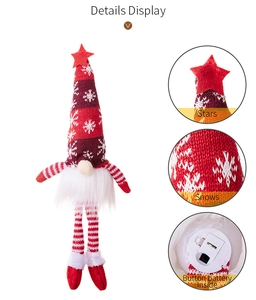Detail view of glowing Christmas gnome showing star hat and snowflake knit patterns