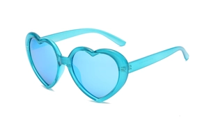Detail view of heart shaped sunglasses in translucent blue with model E3113 printed