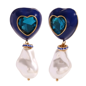 Baroque style 18K gold plated heart earrings with blue crystal and irregular pearl