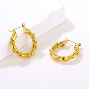 Retro style twisted rope gold hoop earrings made of durable stainless steel for women