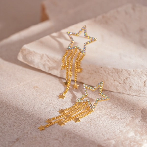 Elegant gold-plated star tassel earrings with shimmering zircon crystals and fringe