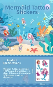 Close-up of waterproof mermaid temporary tattoo stickers with ocean elements for kids