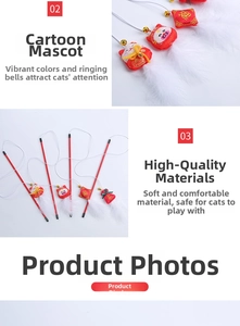Detail of red plush cat wand toy with embroidered fortune lucky cat and white feathers