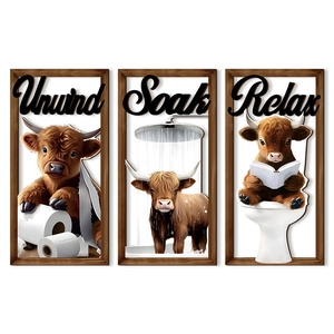 Three-piece farmhouse highland cow bathroom wall art set with wooden frames for home decor