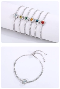 Adjustable S925 silver moissanite bracelets in six colors with a macro detail of the pull clasp