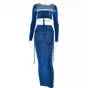 Three-piece sexy blue mesh set with long sleeve crop top and high waist maxi skirt