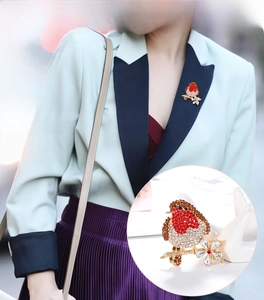 Detail shot of vintage robin bird brooch with red crystals and golden alloy setting