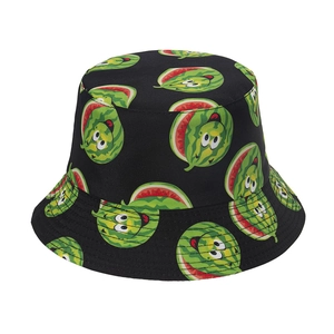 Black bucket hat with cute cartoon watermelon patterns for outdoor summer wear
