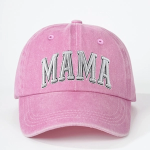 Pink washed cotton baseball cap with retro MAMA embroidery and adjustable strap