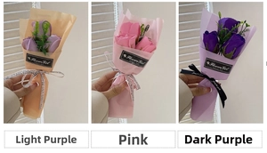 Dreiteilige Seifenrosen-Sträuße in Hellviolett, Rosa und Dunkelviolett mit Schleifen