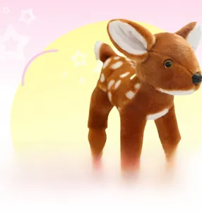 Detailed close-up of a standing spotted deer plush toy with soft brown fur and white spots