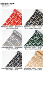 Detailed pattern display of six different Christmas wrapping paper rolls in festive colors