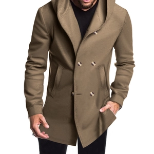 Men's dark khaki slim fit mid-length hooded trench coat with double-breasted buttons