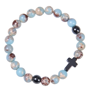 Detail of 8mm blue and brown marble stone beads bracelet with a black cross pendant