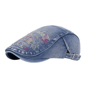 Vintage washed denim beret cap with colorful letter embroidery and adjustable buckle