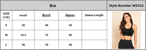 Size chart for seamless sports bra with detailed measurements in CM for S M L sizes