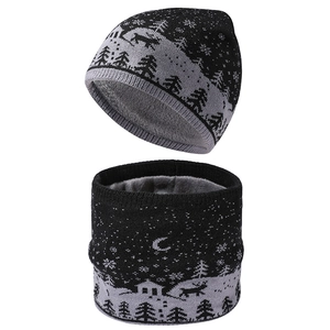 Kids Winter Knit Beanie Hat And Neck Warmer With Reindeer Snowflake Pattern Christmas Jacquard Warm Fleece Lining Kids Outdoor Accessory