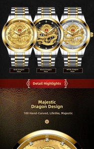 Detail view of quartz watch showing 3D dragon relief dial with crystal markers