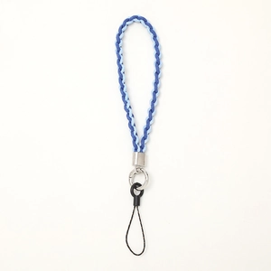 Braided blue gradient phone wrist strap with silver metal clasp on white background