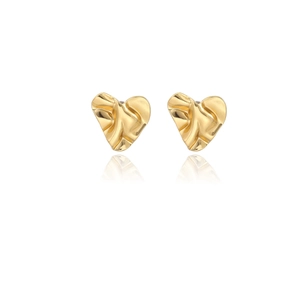Detailed view of heart-shaped gold stud earrings with unique wrinkled lava texture finish