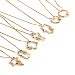 Gold necklaces with colorful zircon pendants featuring stars and hearts on box chains