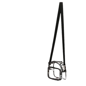 Clear PVC crossbody bag with black trim and adjustable nylon strap for travel