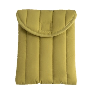 Quilted cotton laptop sleeve in olive green with protective padded interior and flap