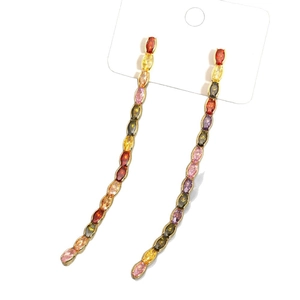 Elegant gold earrings with colorful tassel stones and teardrop crystal pendants