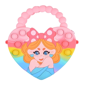 Rainbow heart-shaped pop-it fidget toy bag with cute girl print for kids