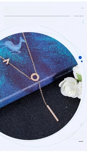 Detail shot of rose gold titanium steel necklace featuring a long bar pendant on a box