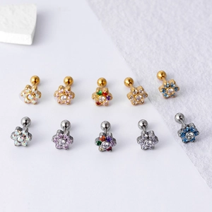 Set of 10 colorful zircon flower stud earrings in gold and silver stainless steel