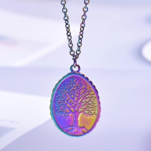 Macro detail of rainbow stainless steel tree of life oval pendant necklace