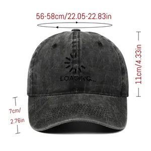 Detailed size chart showing dimensions for a black washed denim loading embroidery baseball cap