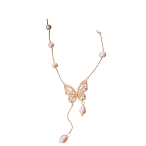 Elegant gold plated butterfly necklace with sparkling zircon and freshwater pearls