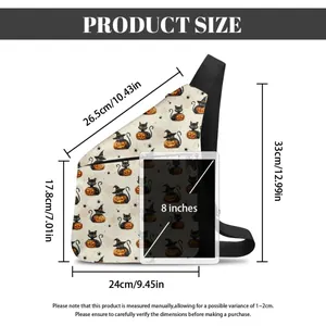 Detailed size guide for pumpkin shoulder bag showing 33cm height and 8 inch tablet fit