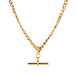 Detail of a gold-plated Cuban chain with a unique T-bar pendant and twisted link texture