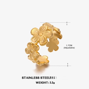 Adjustable 18K gold plated stainless steel flower ring with intricate leaf details