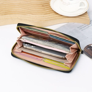 Black leather long zipper wallet for women with large capacity and multi-card slots