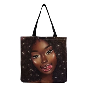 Reusable canvas tote bag with fashion black girl illustration and wide black handles